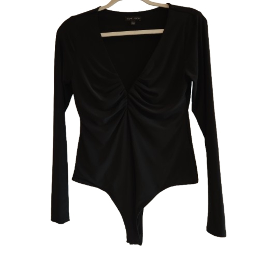 Moa Moa Black Gathered VNeck Long Sleeve Bodysuit Size L Ultra Soft Jersey Knit